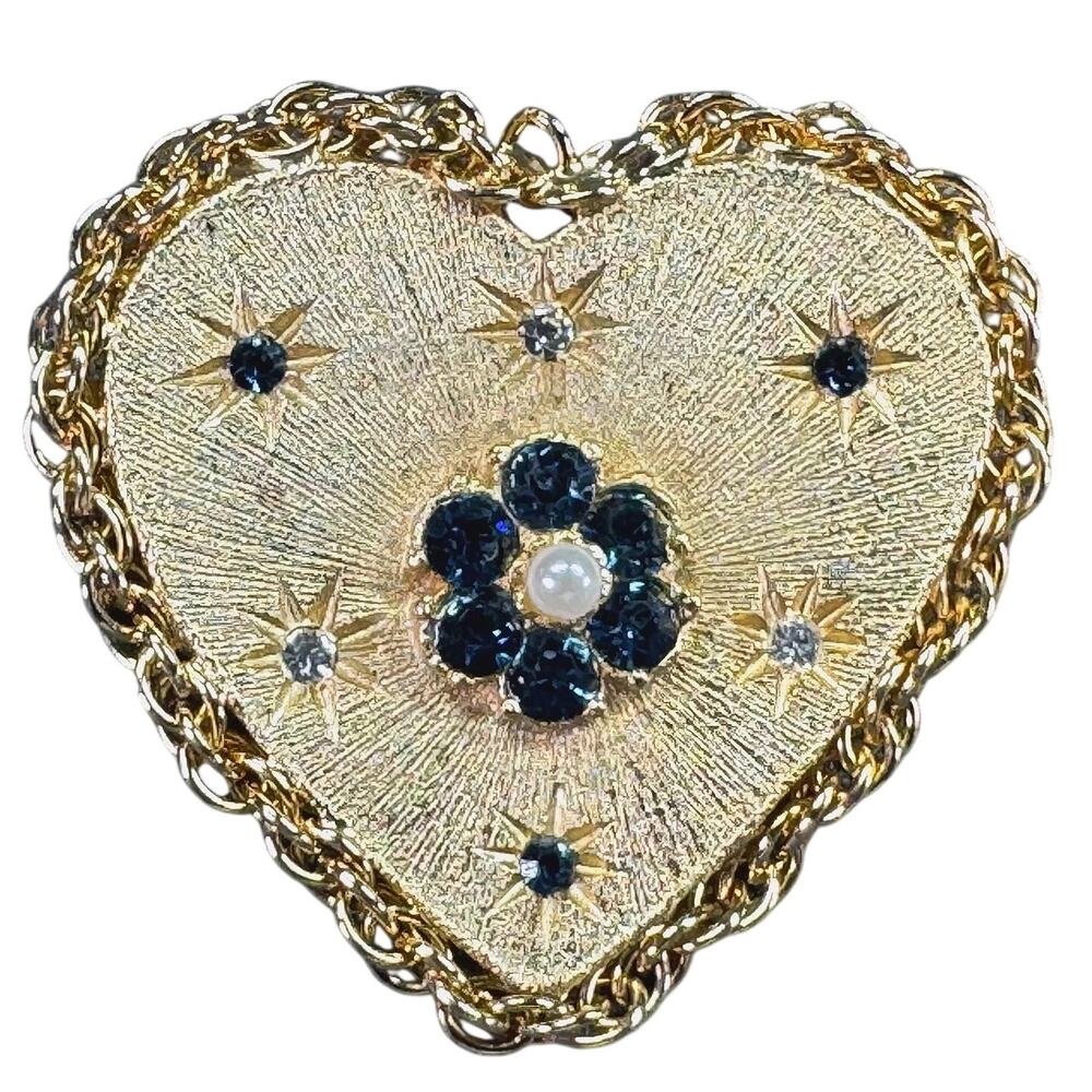 Vintage 1980's Gold Heart with Rhinestone Starbursts Gold Pendant Brooch